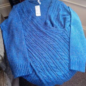 NWT NY Collection Blue Faux Wrap Front Sweater - Size XL - V Neck